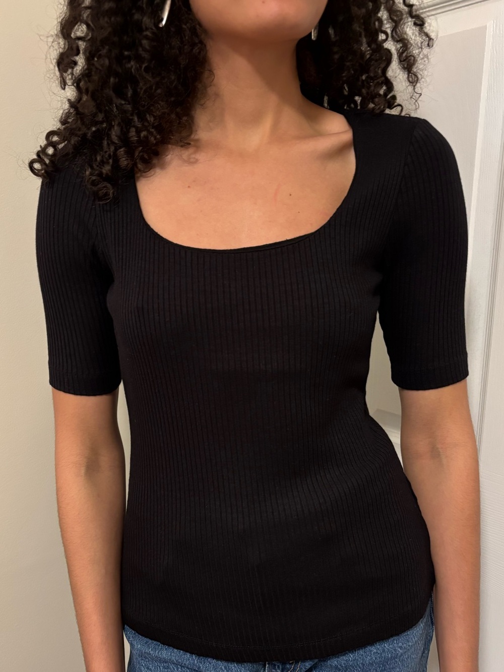 H&M Black Ribbed Square Neck Short Sleeve Top